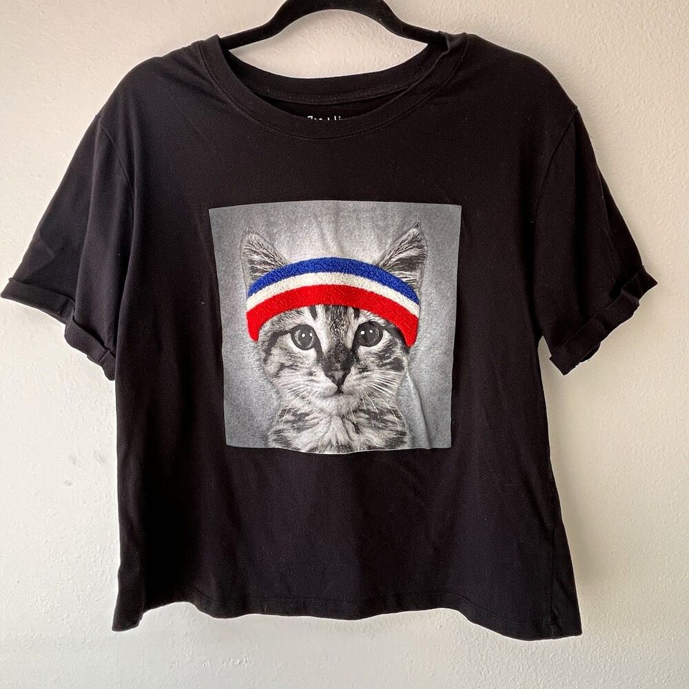 Zoe + Liv Women’s Black Cat Graphic Crew Neck Short Sleeve T-Shirt Size XL